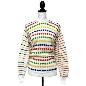 Panther Vintage 80s Sweater White Size M Polka Dot Striped Crewneck Pullover